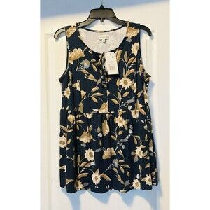 Wonderly Women's Sleeveless Split Neck Printed Tunic Top Size L, Navy NWT